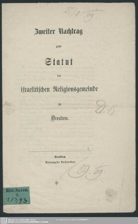 Nachtr. 2: Statut der israelitischen Religionsgemeinde zu Dresden