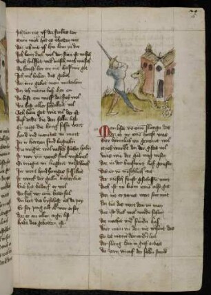 Ein Mann mit Schwert vor einer Schlange; (Von der verwundeten Schlange, Kapitel XXXIV nach Pfeiffer)