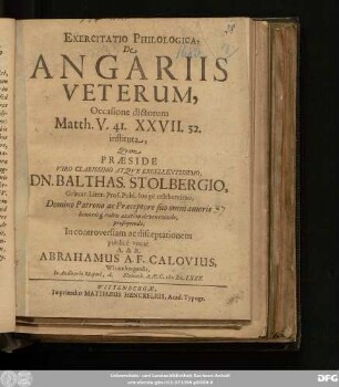 Exercitatio Philologica, De Angariis Veterum : Occasione dictorum Matth. V. 41. XXVII. 32. instituta