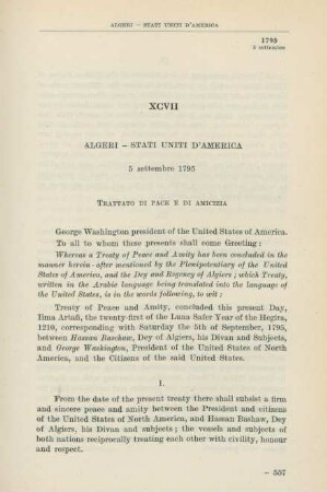 XCVII Algeri - Stati Uniti d'America 5 settembre 1795