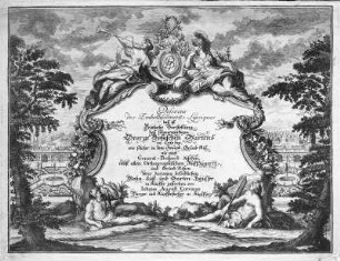 Titelblatt zu der Stichserie über den Boseschen Garten (Klein-Bosescher Garten) in Leipzig von Johann August Corvinus : Titelblatt. Desseins des Embellissements Lipsiques, daß ist Deutliche Vorstelleng deß sehenswürdigen George Boßischen Gartens in Leipzig ... in Kupffer gestochen von Johann August Corvinuo ... ca. 1728
