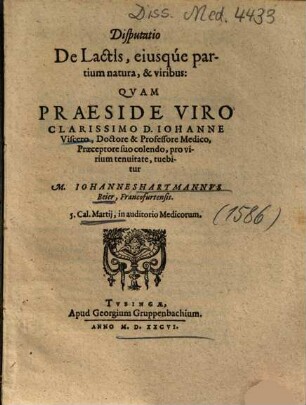 Disputatio De Lactis, eiusqúe partium natura, & viribus