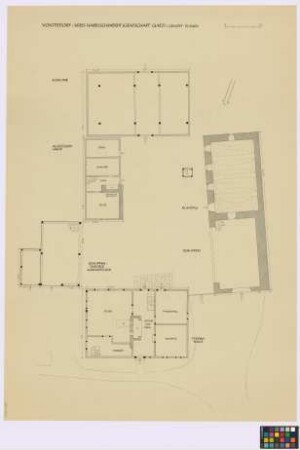 Voigtsdorf (Landkreis Habelschwerdt, Grafschaft Glatz): Gehöft Elsner. Lageplan mit. - Scheune (Grundriss). - Auszüglerhaus (Grundriss des Erdgeschosses). - Schuppen, darüber Kornspeicher (Grundriss). - Wohnhaus (Grundriss des Erdgeschosses). - Schuppen (Grundriss). - Kuhstall (Grundriss). - Abort (Grundriss)