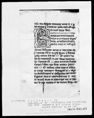 Psalterium mit Kalender — Initiale B (enedictus domini), Folio 102 verso