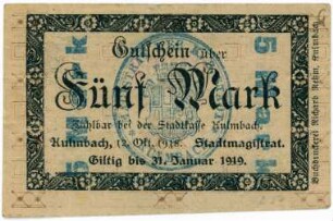 Geldschein / Notgeld, 5 Mark, 12.10.1918