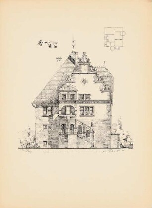 Villa: Vorderansicht, Grundriss (aus: Drucke von Seminararbeiten der Königlich Technischen Hochschule Berlin, Bd. III)