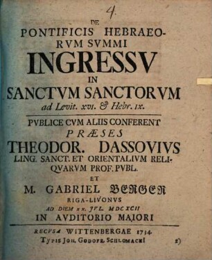 De pontificis Hebraeorum summi ingressu in sanctum sanctorum : ad Levit. XVI. et Hebr. IX.