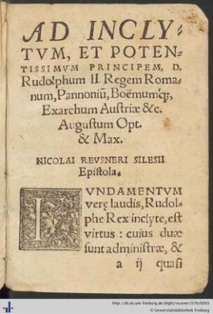 Ad Inclytum et Potentissimum Principem Rudolphum II. ... Epistola.