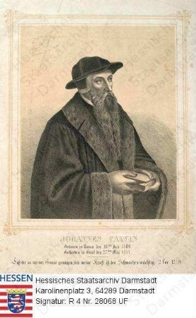 Calvin, Johannes (1509-1564) / Porträt, linksgewandte und -blickende Halbfigur, ein Buch in den Händen haltend