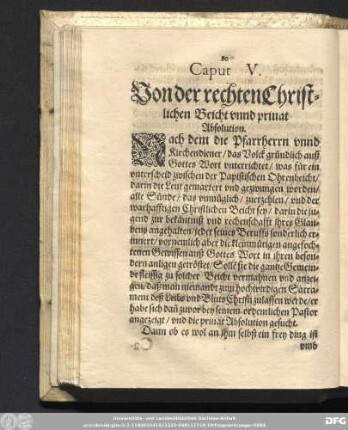 Caput V. Von der rechten Christlichen Beicht unnd privat Absolution.