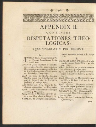 Appendix II. Continens Disputationes Theologicas, Quae Singulatim Prodierunt