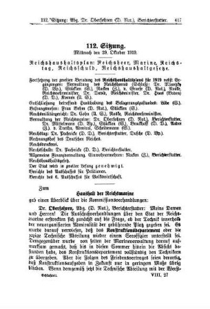 112. Sitzung. Mittwoch den 29. Oktober 1919