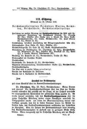 112. Sitzung. Mittwoch den 29. Oktober 1919