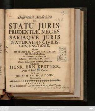 Dissertatio Academica De Statu Iurisprudentiae, Necessariaque Iuris Naturalis & Civilis Coniunctione