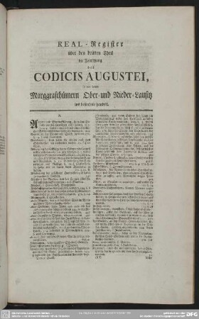 Real-Register über den dritten Theil der Fortsetzung des Codicis Augustei, so von denen Marggrafthümern Ober- und Nieder-Lausitz ins besondere handelt