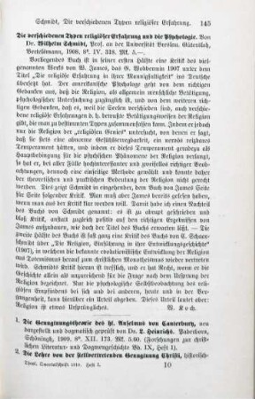 145 [Rezension] Schmidt, Wilhelm, Die verschiedenen Typen religiöser Erfahrung und die Psychologie