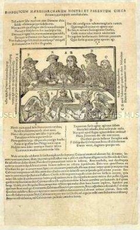Karikatur auf die Reformatoren Luther, Melanchton, Zwingli, Calvin und Beza, aus katholischer Sicht