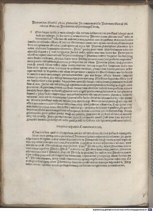 Commentaria in Platonem : mit Widmungsvorrede an Nicolaus Valor und Brief des Autors an Paulus Orlandinus, Florenz 13.11.1496