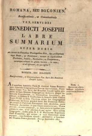 Romana, seu Bolonien. beatificationis, et canonizationis ven. servi Dei Benedicti Josephi Labrè, [2]. Summarium super dubio