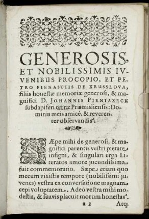 Generosis ... Procopio Et Petro Pienasciis de Krusslova ...