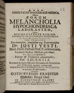 Dissertatio Inauguralis Medica, sistens Ægrum Melancholia Hypochondriaca Laborantem