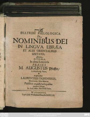Diatribe Philologica De Nominibus Dei In Lingua Ebraea Et Aliis Orientalibus Usitatis