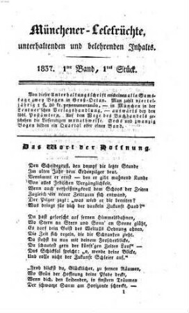 Münchener Lesefrüchte : eine Zeitschrift für Literatur, Kunst und gesellschaftliches Leben. 1837,1