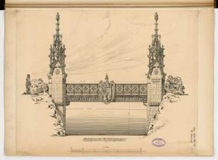 Brücke im Victoria-Park auf dem Kreuzberg, Berlin Monatskonkurrenz Mai 1892: Aufriss Seitenansicht 1:30; Maßstabsleiste
