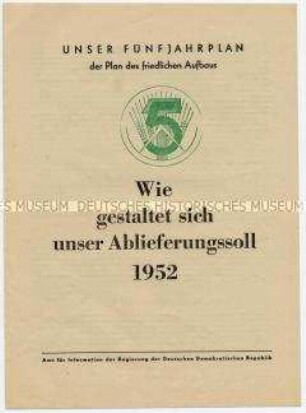 Propagandaschrift für die Erfüllung des Fünfjahrplans mit Informationen über die staatlichen Abnahmebedingungen landwirtschaftlicher Produkte
