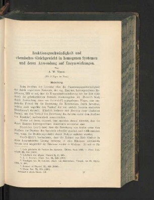 Reaktionsgeschwindigkeit und chemisches Gleichgewicht in homogenen Systemen und deren Anwendung auf Enzymwirkungen