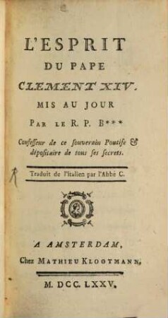 L' esprit du Pape Clement XIV
