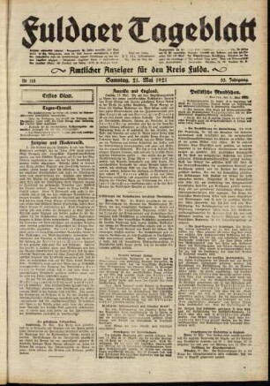 Erste Ausgabe vom Samstag, den 21. Mai 1921.