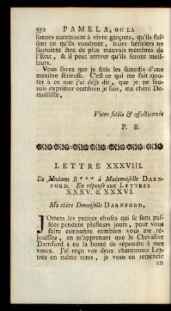 Lettre XXXVIII. De Madame B*** à Mademoiselle Darnford. En réponse aux Lettres XXXV. & XXXVI. Ma chére Demoiselle Darnford, ...