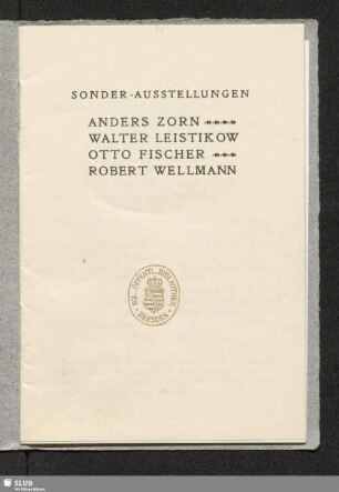 Sonder-Ausstellungen : Anders Zorn, Walter Leistikow, Otto Fischer, Robert Wellmann : [Kunst-Salon Ernst Arnold Herbst 1904]