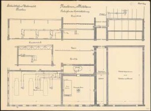 Schlachthof und Viehmarkt, Breslau Maschinen- und Kühlhaus: Rohrplan der Ammoniakleitung: Grundriss Querschnitt Längsschnitt 1:50