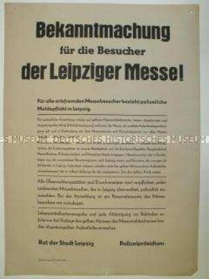 Maueranschlag mit Bekanntmachung über die Meldepflicht für Besucher der Leipziger Messe