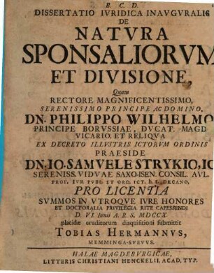 Dissertatio Ivridica Inavgvralis De Natvra Sponsaliorvm Et Divisione