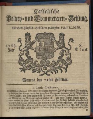 8. Stueck, Montag den 21ten Februar 1763