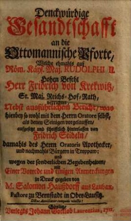 Denkwürdige Gesandtschaft an die Ottomannische Pforte