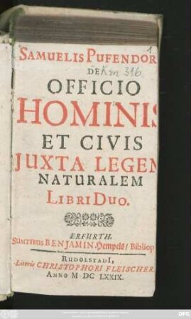 Samuelis Pufendorfi[i] De Officio Hominis Et Civis Iuxta Legem Naturalem Libri Duo