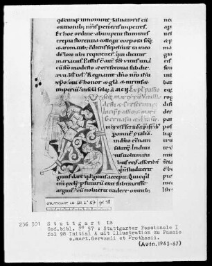Stuttgarter Passionale — Pars hiemalis (erster Band) — Initiale A (mbrosius), darin Marter der Heiligen Gervase und Protase, Folio 98recto