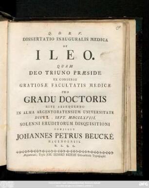 Dissertatio Inauguralis Medica De Ileo