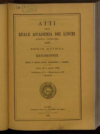 Seduta del 3 maggio 1896. Volume V. - Fascicolo 9.