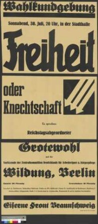 Plakat der Eisernen Front zu einer Wahlkundgebung am 30. Juli 1932 in Braunschweig