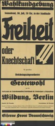 Plakat der Eisernen Front zu einer Wahlkundgebung am                                         30. Juli 1932 in Braunschweig