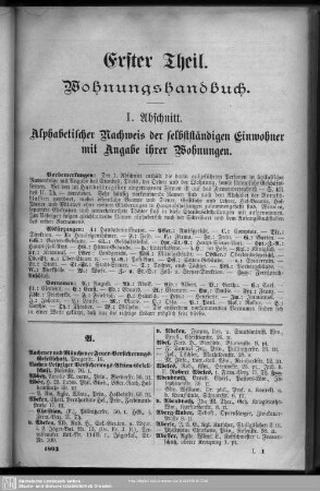 Einwohnerverzeichnis : I. Abschnitt. Alphabetischer Nachweis der selbständigen Einwohner mit Angabe ihrer Wohnungen.