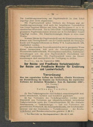 Verordnung über denn organischen Aufbau des Verkehrs.