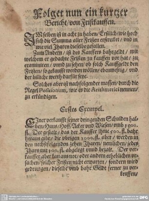 Folget nun ein kurtzer Bericht/von Fristkauffen.
