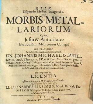 Disputatio Medica Inauguralis, De Morbis Metallariorum