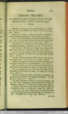 Urkunden-Verzeichniß von dem Evangelischen Religionszustande des Fürstenthums Oels, die sich in den Beylagen finden